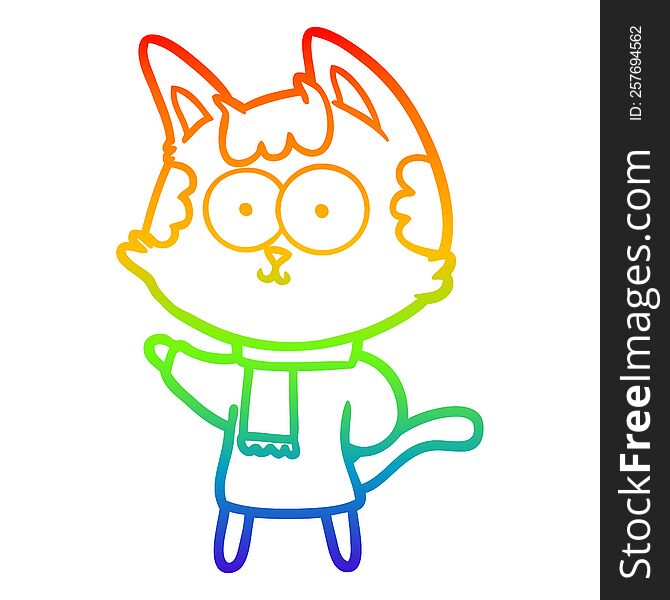 rainbow gradient line drawing of a happy cartoon cat in winter clothes