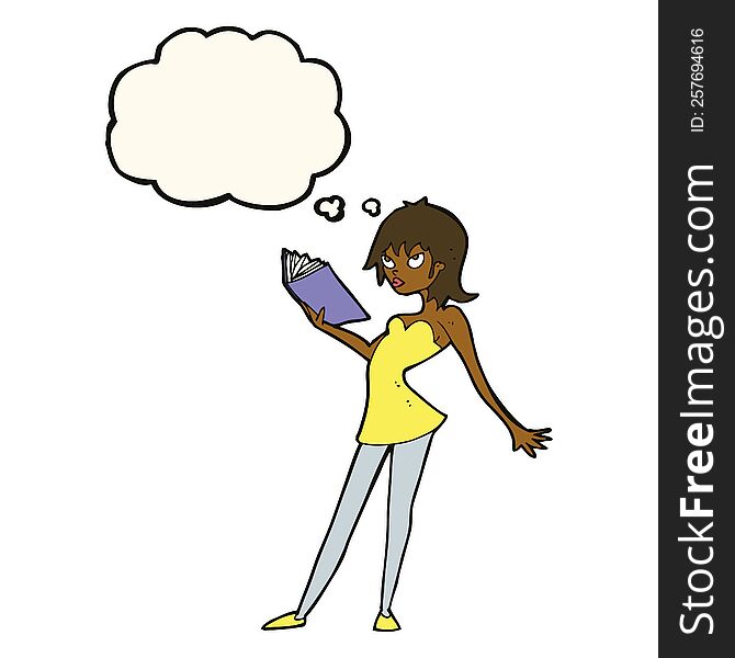 cartoon woman reading book with thought bubble