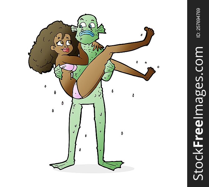 cartoon swamp monster carrying woman in bikini