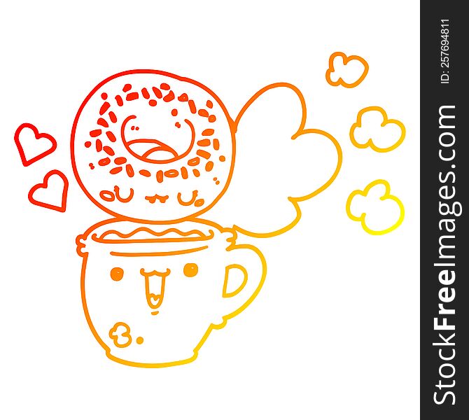 warm gradient line drawing cute cartoon donut and coffee