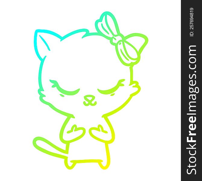 Cold Gradient Line Drawing Cute Cartoon Cat With Bow