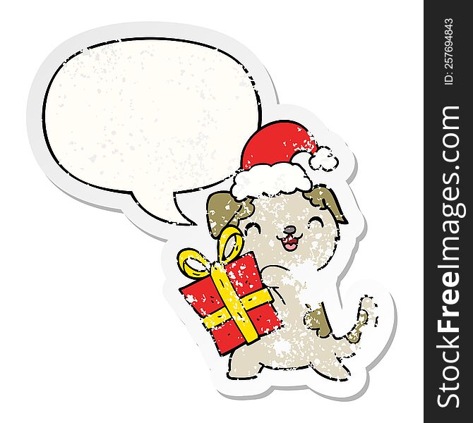 cute cartoon puppy with christmas present and hat with speech bubble distressed distressed old sticker. cute cartoon puppy with christmas present and hat with speech bubble distressed distressed old sticker