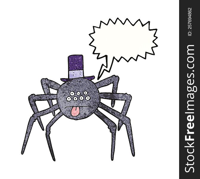 freehand speech bubble textured cartoon halloween spider in top hat