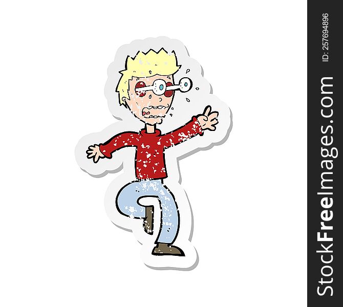 retro distressed sticker of a cartoon terrified man with eyes popping out