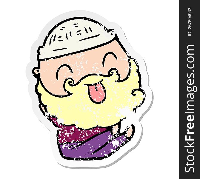 Distressed Sticker Of A Sitting Man With Beard Sticking Out Tongue