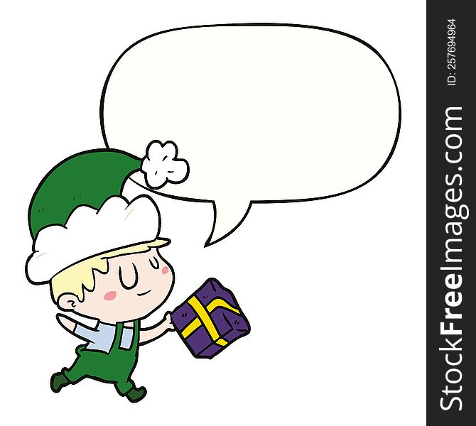cartoon happy christmas elf with present with speech bubble. cartoon happy christmas elf with present with speech bubble