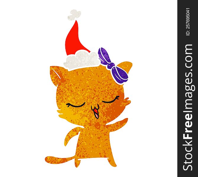 hand drawn retro cartoon of a cat with bow on head wearing santa hat