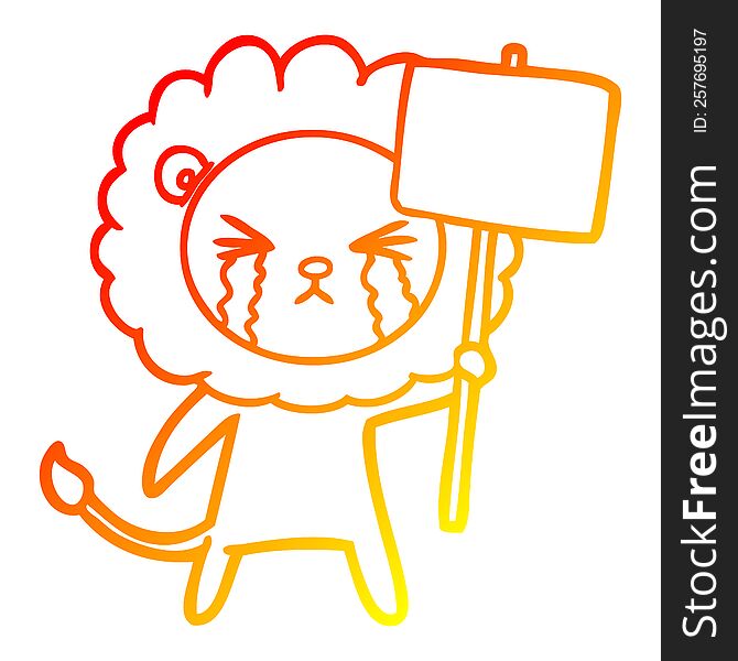 warm gradient line drawing of a cartoon crying lion with placard