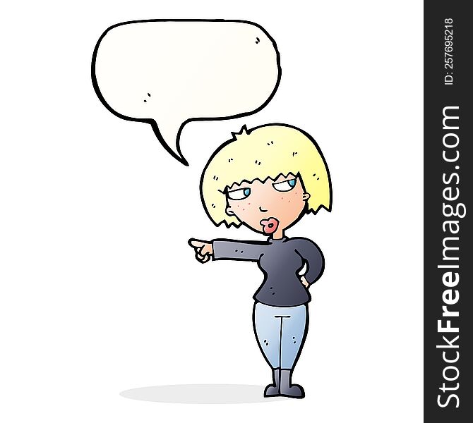 cartoon annoyed woman pointing with speech bubble