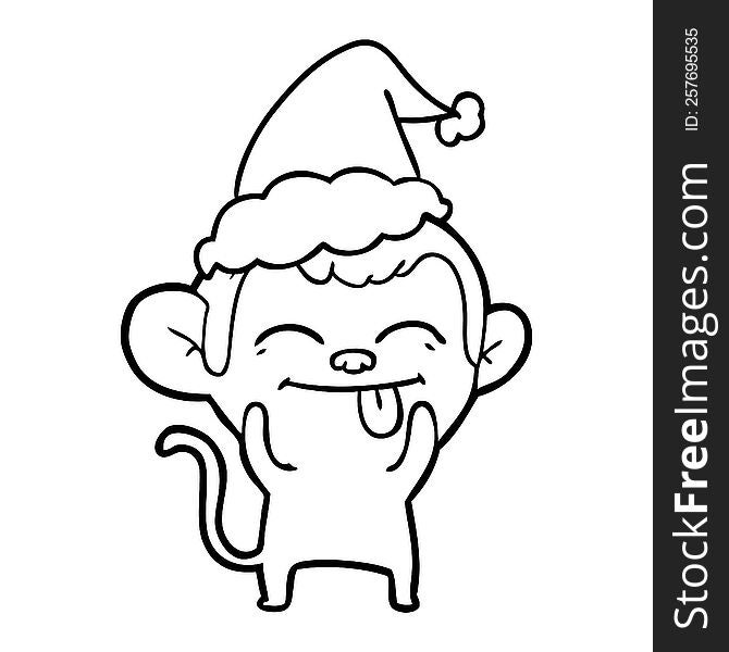 funny hand drawn line drawing of a monkey wearing santa hat. funny hand drawn line drawing of a monkey wearing santa hat