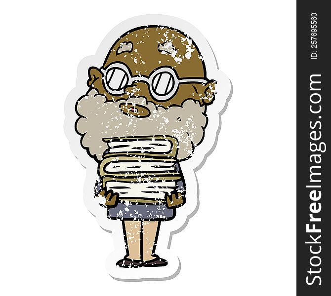 Distressed Sticker Of A Cartoon Curious Man With Beard And Glasses