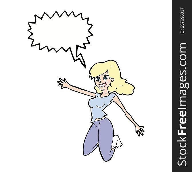 cartoon jumping woman with speech bubble
