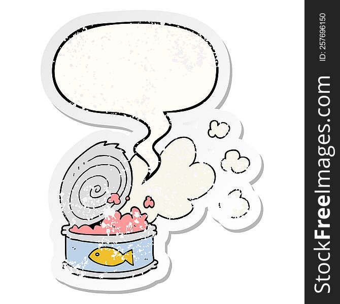 cartoon smelly can of fish with speech bubble distressed distressed old sticker. cartoon smelly can of fish with speech bubble distressed distressed old sticker