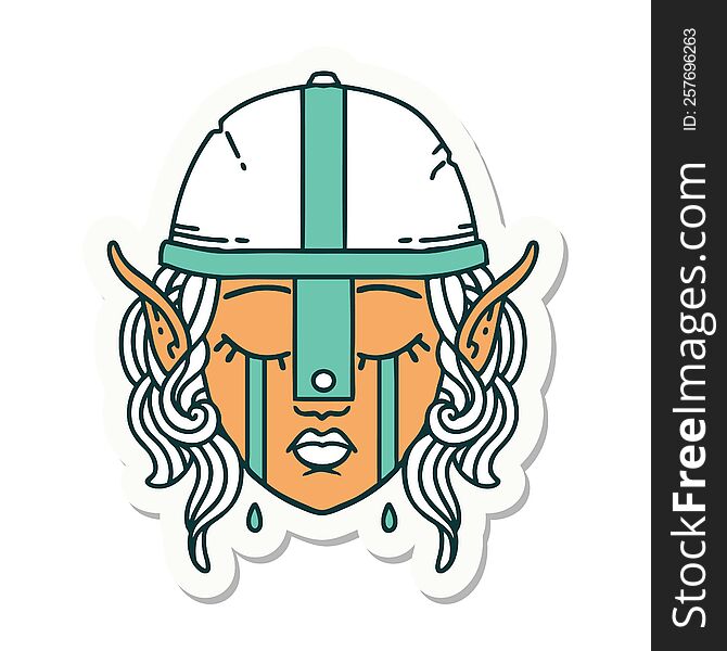 sticker of a crying elven fighter character face. sticker of a crying elven fighter character face