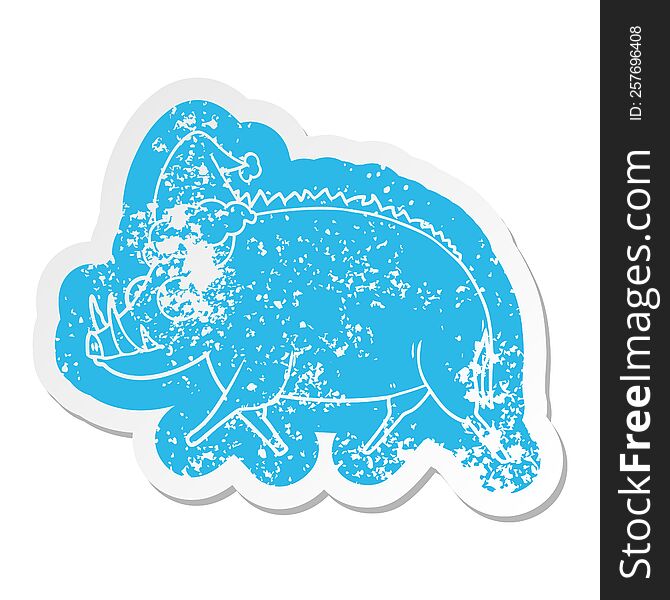 Cartoon Distressed Sticker Of A Wild Boar Wearing Santa Hat