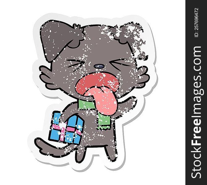 distressed sticker of a cartoon disgusted dog with christmas gift
