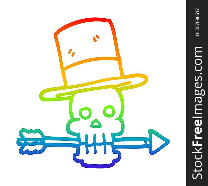 rainbow gradient line drawing cartoon skull with top hat and arrow