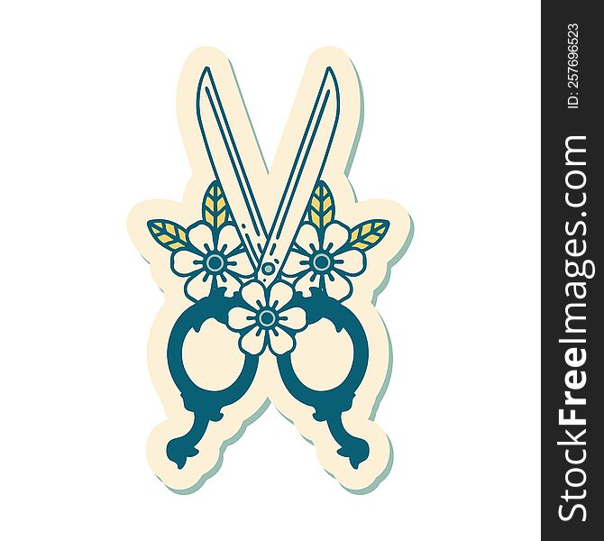 sticker of tattoo in traditional style of barber scissors and flowers. sticker of tattoo in traditional style of barber scissors and flowers