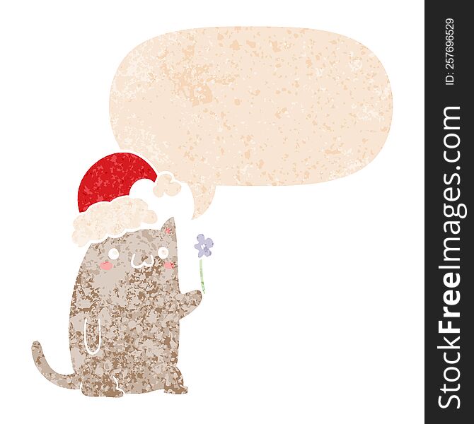 Cute Cartoon Christmas Cat And Speech Bubble In Retro Textured Style