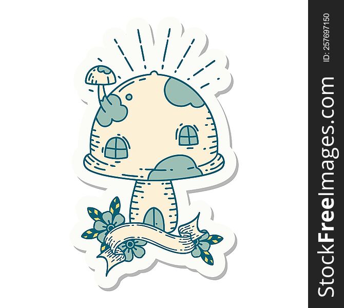 sticker of a tattoo style toadstool house