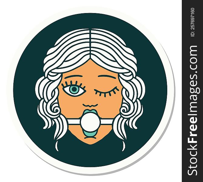 sticker of tattoo in traditional style of a winking female face wearing ball gag. sticker of tattoo in traditional style of a winking female face wearing ball gag