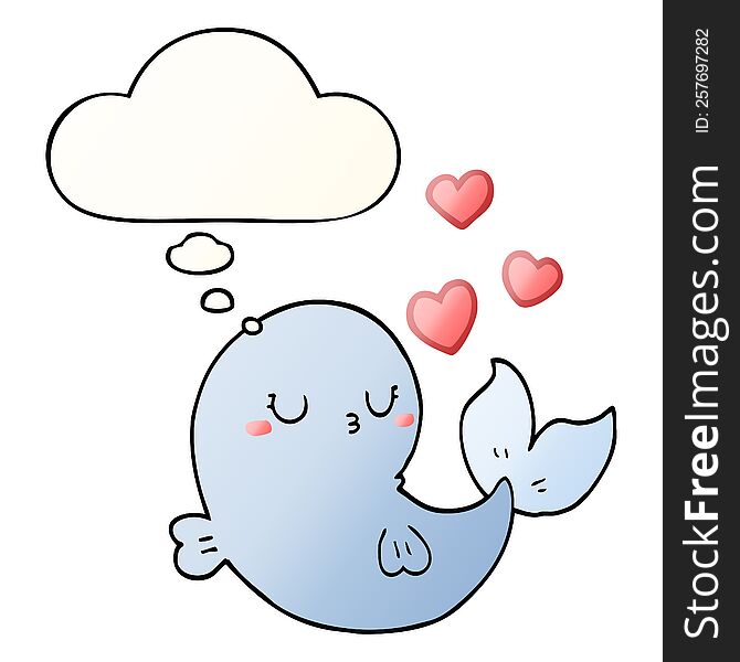 cute cartoon whale in love with thought bubble in smooth gradient style