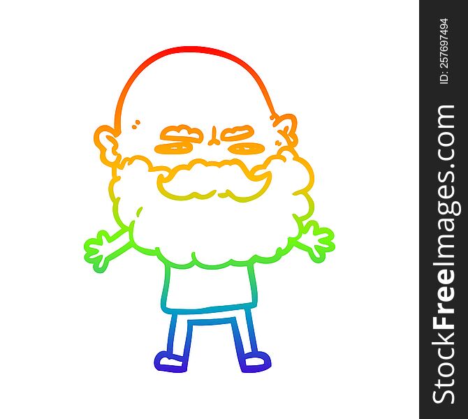 rainbow gradient line drawing of a cartoon man with beard frowning