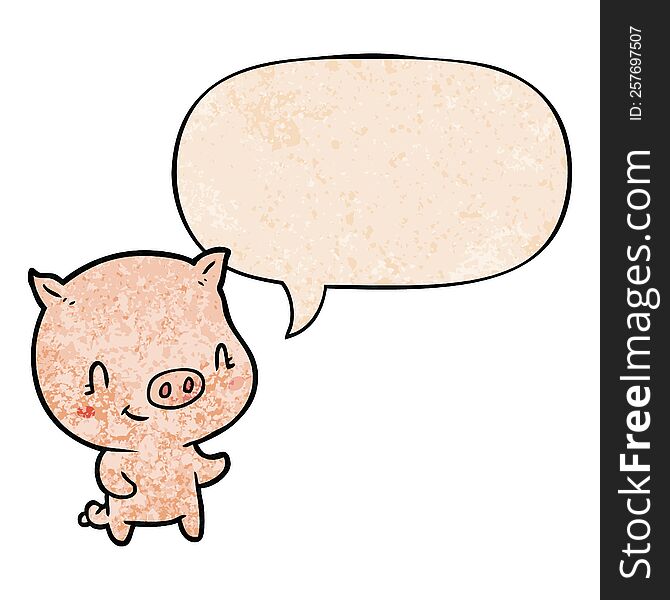 cute cartoon pig with speech bubble in retro texture style