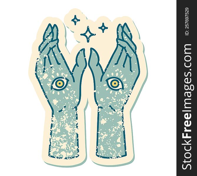 Distressed Sticker Tattoo Style Icon Of Mystic Hands