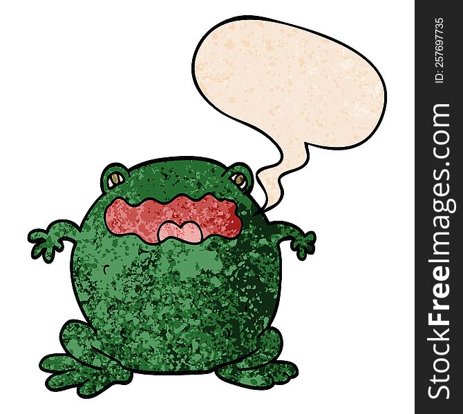 cartoon toad with speech bubble in retro texture style