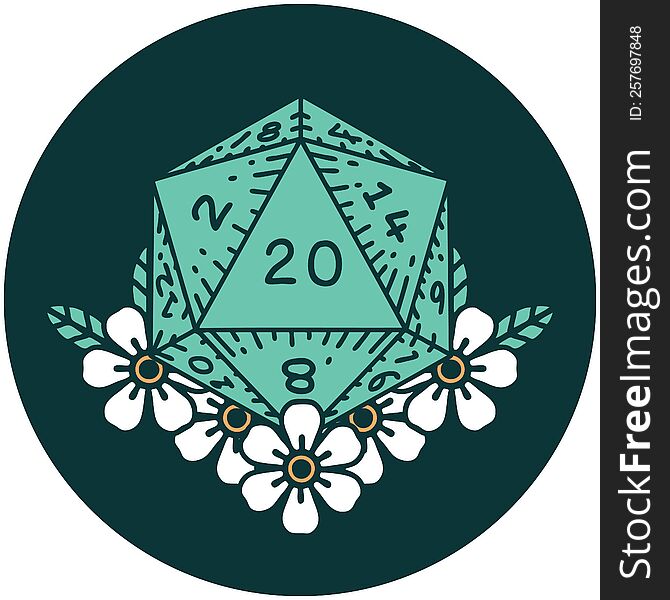 icon of natural 20 D20 dice roll with floral elements. icon of natural 20 D20 dice roll with floral elements