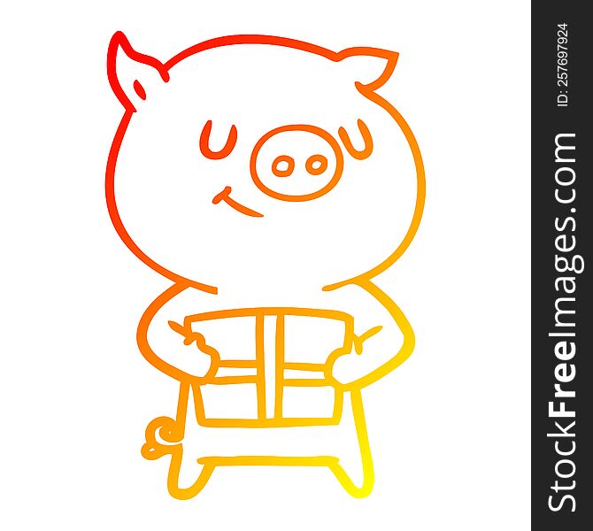 Warm Gradient Line Drawing Happy Cartoon Pig With Christmas Present