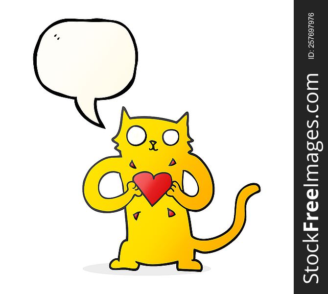 freehand drawn speech bubble cartoon cat with love heart