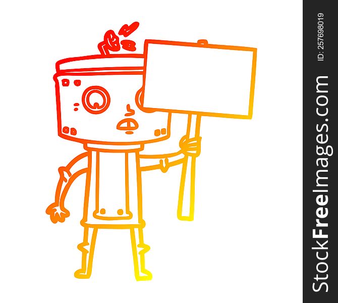 Warm Gradient Line Drawing Cartoon Robot With Blank Sign