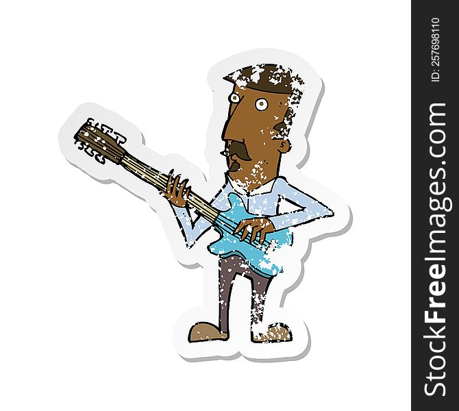 retro distressed sticker of a cartoon man playing electric guitar