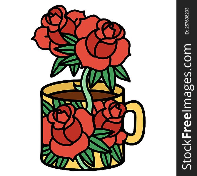tattoo in traditional style of a cup and flowers. tattoo in traditional style of a cup and flowers