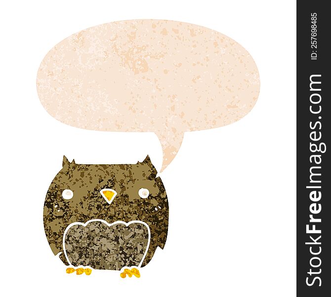 Cute Cartoon Owl And Speech Bubble In Retro Textured Style