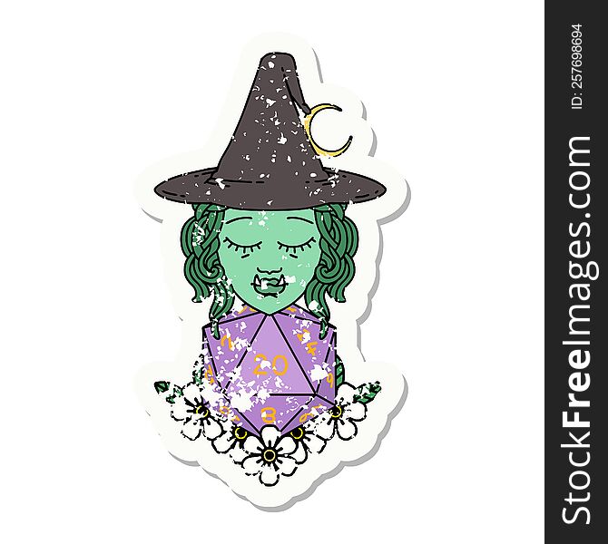 grunge sticker of a half orc wizard with natural twenty dice roll. grunge sticker of a half orc wizard with natural twenty dice roll