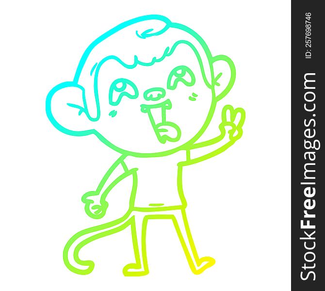 cold gradient line drawing of a crazy cartoon monkey giving peace sign