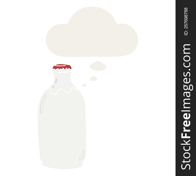 cartoon milk bottle with thought bubble in retro style