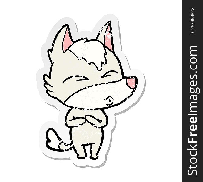 Distressed Sticker Of A Cartoon Wolf Whistling