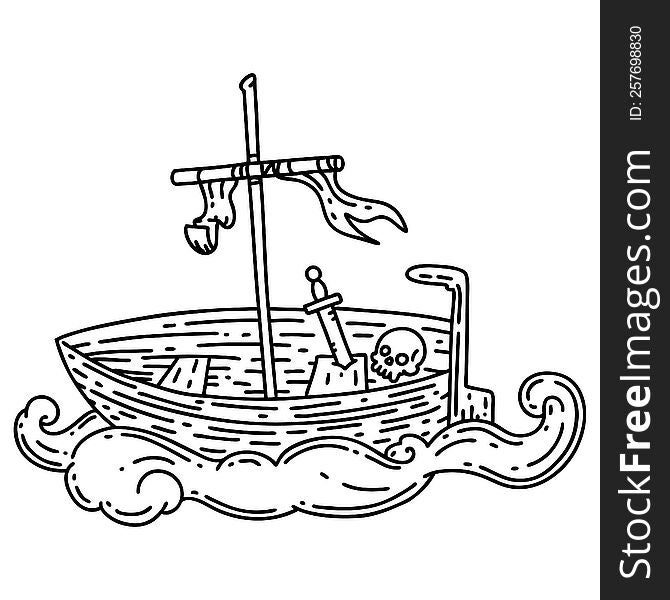 illustration of a traditional black line work tattoo style empty boat with skull