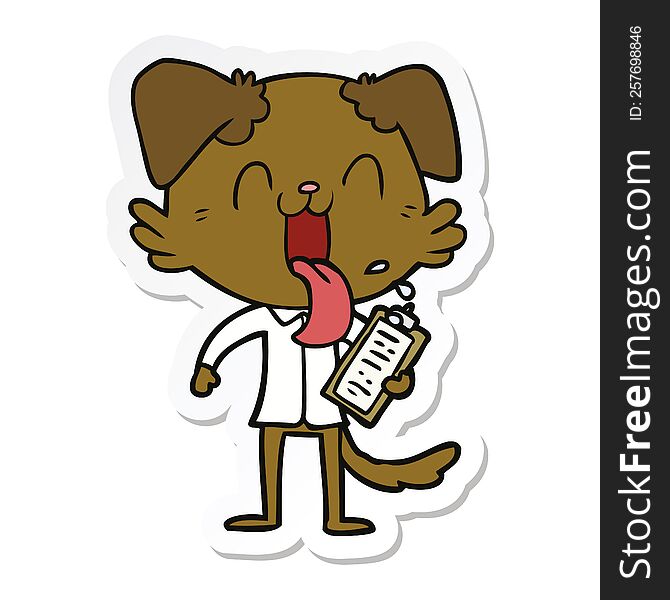 sticker of a cartoon panting dog with clipboard