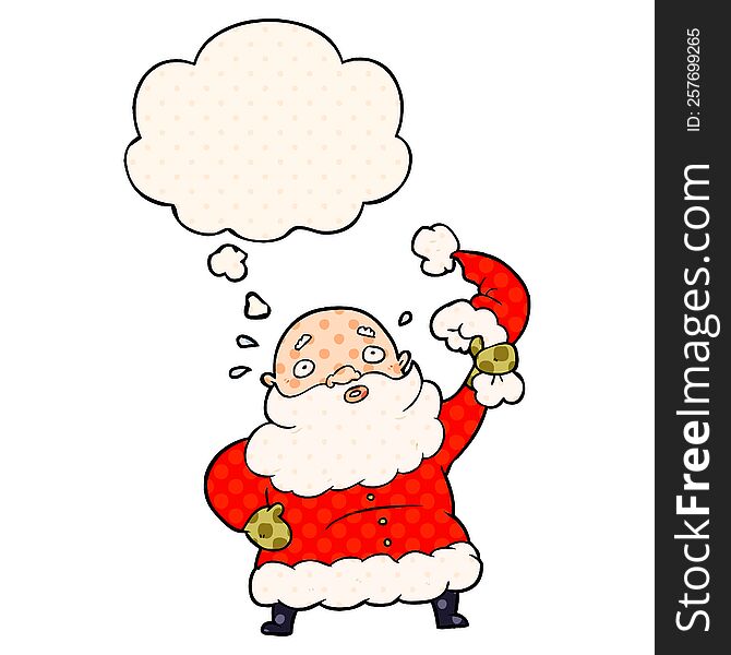 cartoon santa claus waving hat and thought bubble in comic book style