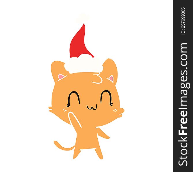 Flat Color Illustration Of A Happy Cat Wearing Santa Hat