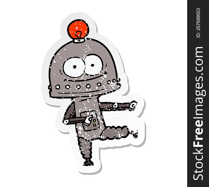 distressed sticker of a happy carton robot with light bulb