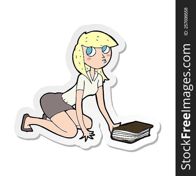 sticker of a cartoon girl picking up book