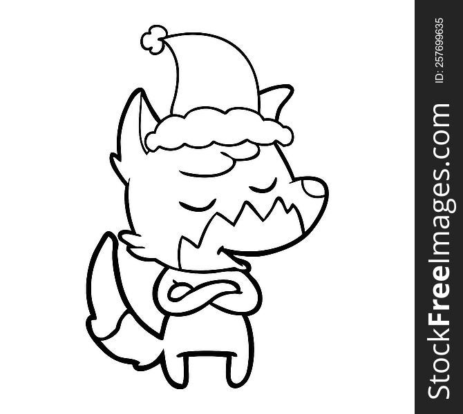 Friendly Line Drawing Of A Fox Wearing Santa Hat