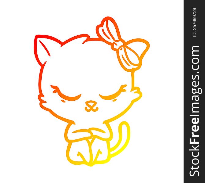 Warm Gradient Line Drawing Cute Cartoon Cat With Bow