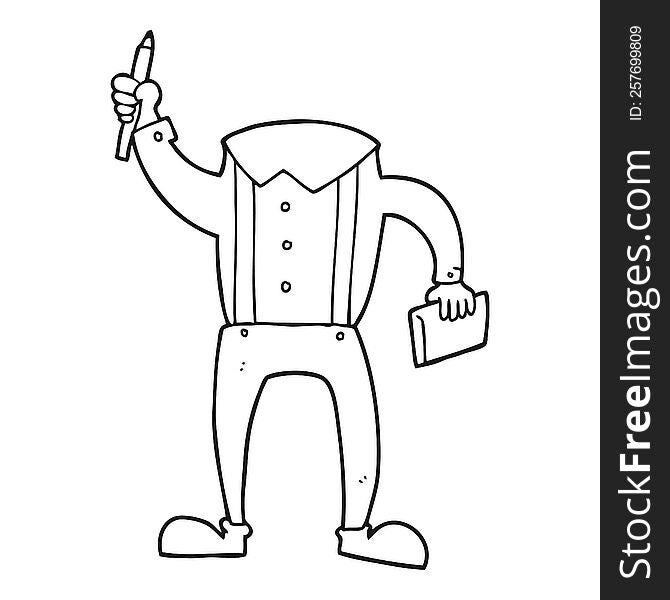 Black And White Cartoon Headless Body With Notepad And Pen (add Own Photos